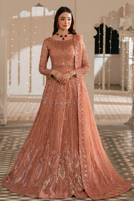 Zilverah Peach Embroidered Net Lehenga – Luxury Party Wear Pakistan