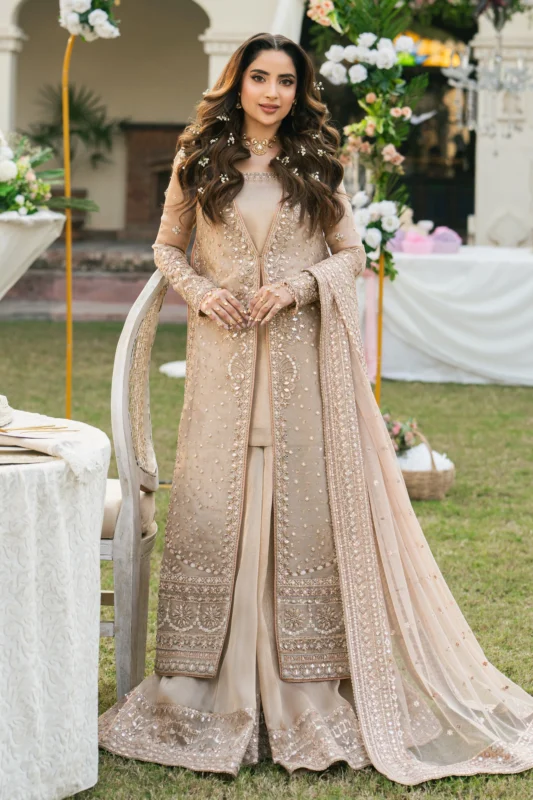 Zilverah Peach Pink Tissue Gown Lehenga 4-Piece Formal Wear Set Pakistan