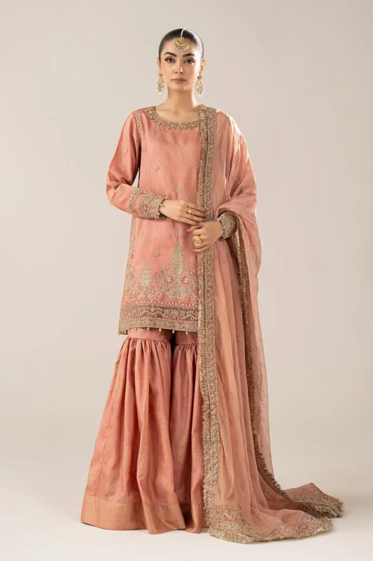 Zilverah Peach Embroidered Raw Silk Gharara Suit - Luxury Party Wear Pakistan