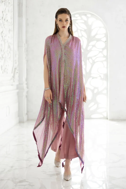 Zilverah Pink Embroidered Chiffon Kaftan Party Wear Suit Pakistan — Front View