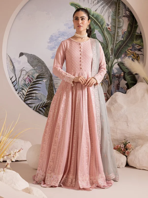 Zilverah pink embroidered chiffon frock party wear dress buy online Pakistan