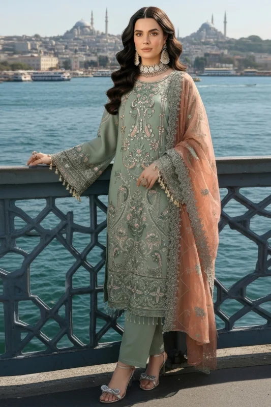 Zilverah pista green 3-piece party wear chiffon suit buy online Pakistan