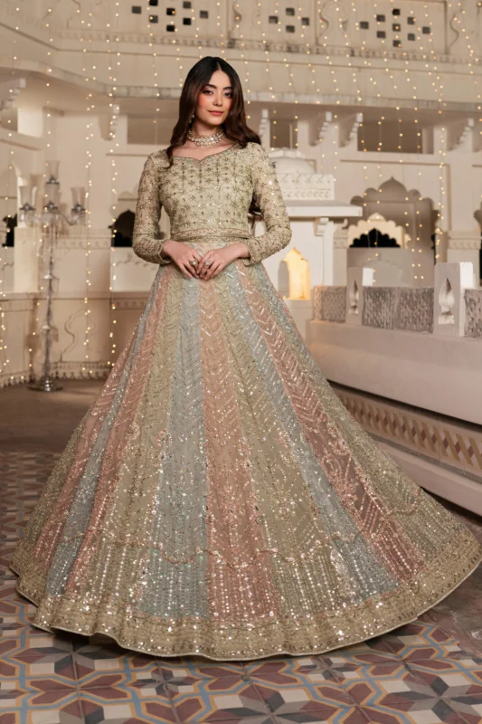 Zilverah pista green net 3PC lehenga party wear buy online Pakistan