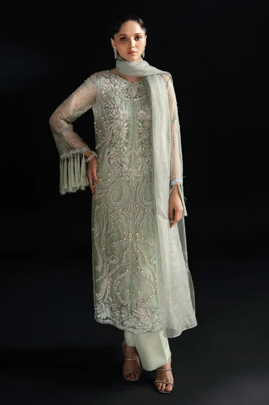 Zilverah powder green net party wear dress with pearl and crystal embellishments — buy online Pakistan