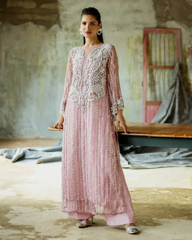 Zilverah Powder Pink Embroidered Net 3-Piece Party Wear Dress - Buy Online Pakistan