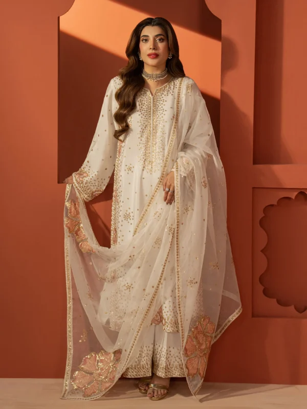Zilverah embroidered raw silk 3-piece formal wear suit for women in Pakistan
