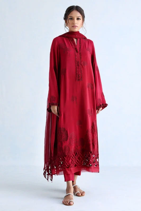 Zilverah Red Crepe Silk Kurta Set 3-Piece Formal Wear Pakistan — Front View