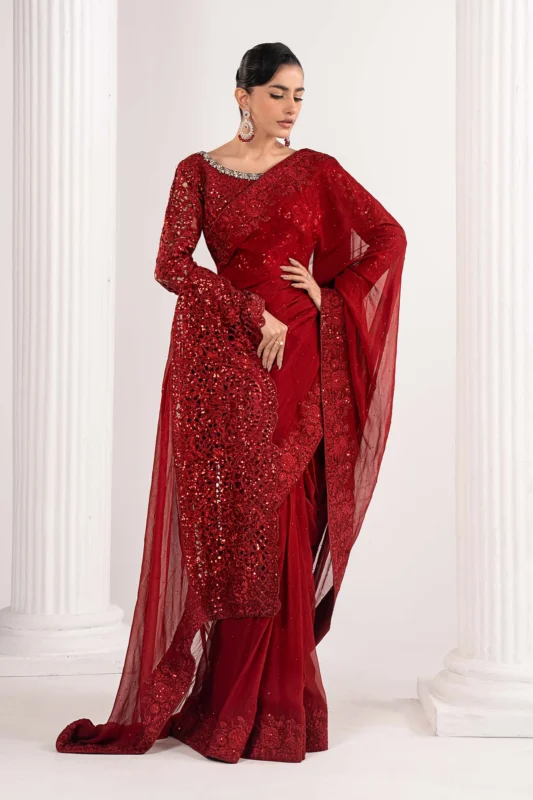 Zilverah Red Embroidered Chiffon Party Wear Saree – Buy Online Pakistan