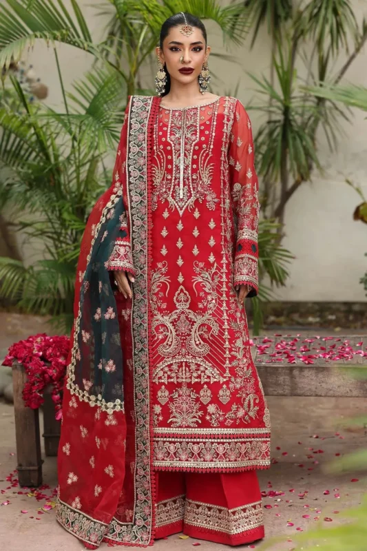Zilverah red embroidered organza formal wear 3-piece suit — buy online Pakistan