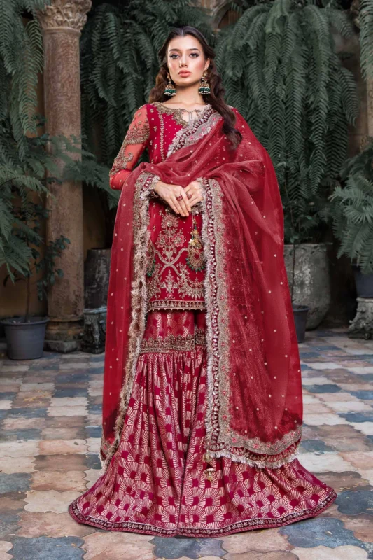 Zilverah red Organza Jamawar gharara set formal wear Pakistan — featured look