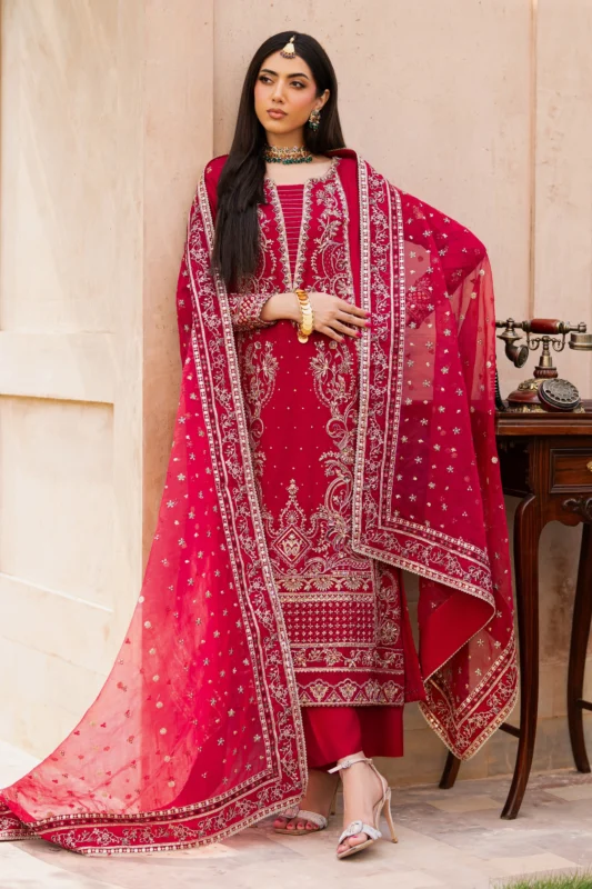 Zilverah red Indian Raw Silk party wear dress with hand embroidery and sequins — buy online Pakistan