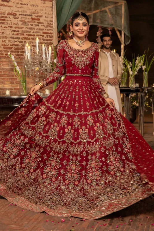 Zilverah Roza red sequin couture party wear dress with 3D floral embroidery – buy online Pakistan