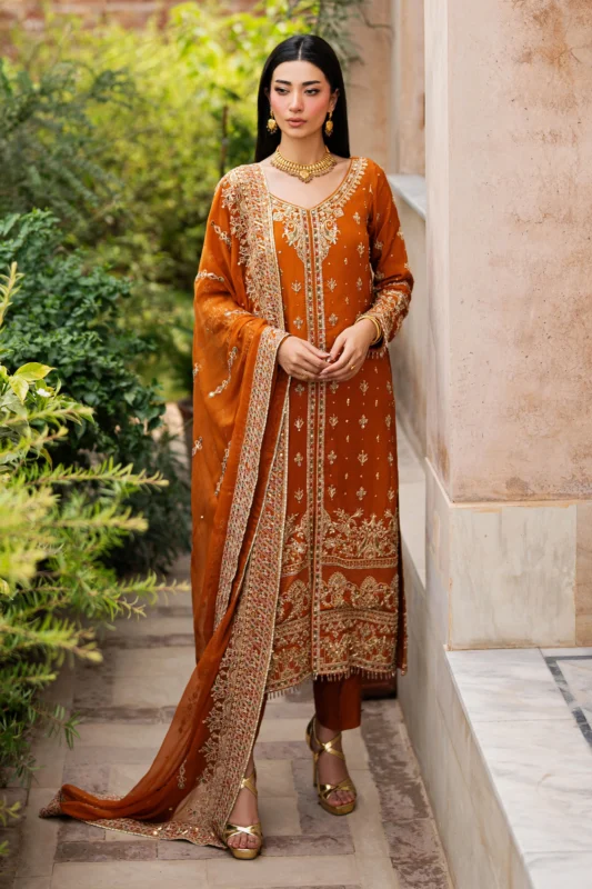 Zilverah rust Indian raw silk embellished formal gown – buy online Pakistan