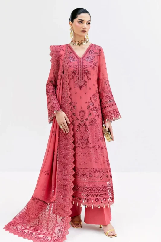 Zilverah salmon tea pink embroidered georgette 3-piece formal wear for weddings in Pakistan