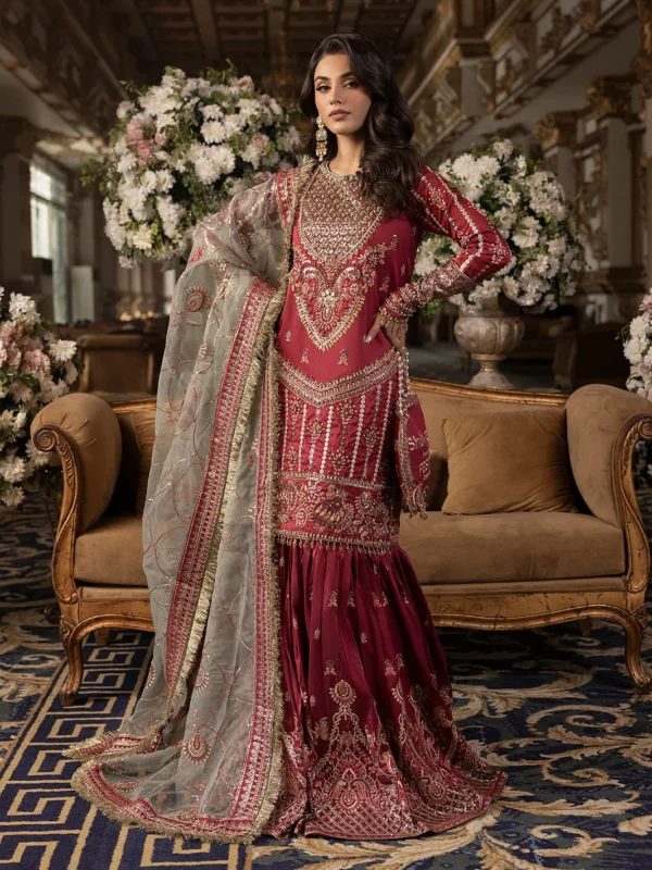 Zilverah Scarlet Silk Gharara Party Wear Dress Pakistan — Full Front View