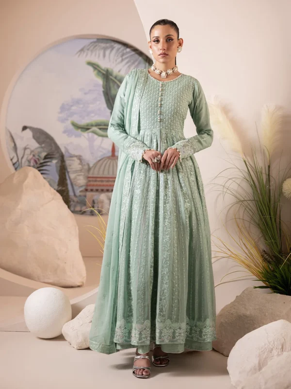Sea Green Embroidered Chiffon Frock Party Wear by Zilverah Pakistan