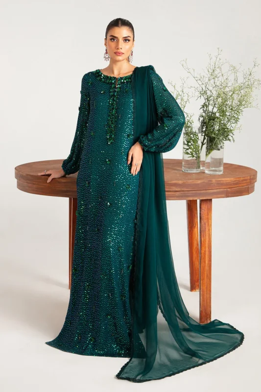 Zilverah fully sequined green chiffon 3-piece party wear dress – buy online Pakistan