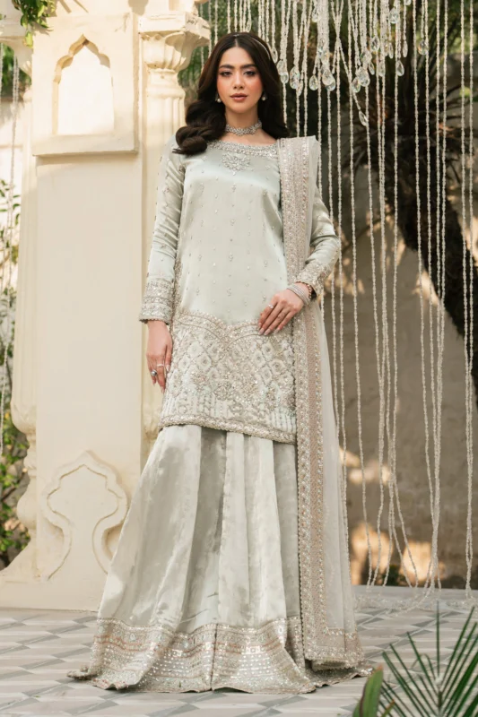 Zilverah silver tissue 3-piece party wear dress for weddings Pakistan