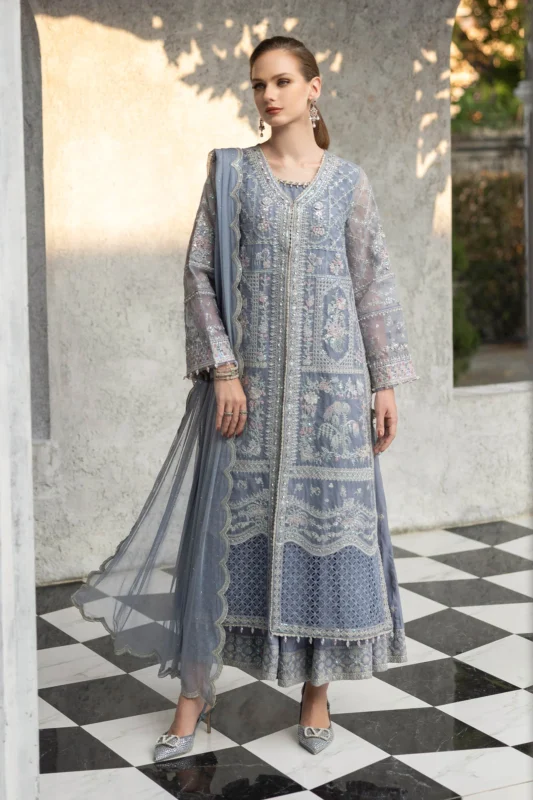 Zilverah Sky Blue Embroidered Organza 3-Piece Formal Wear Suit – Buy Online Pakistan