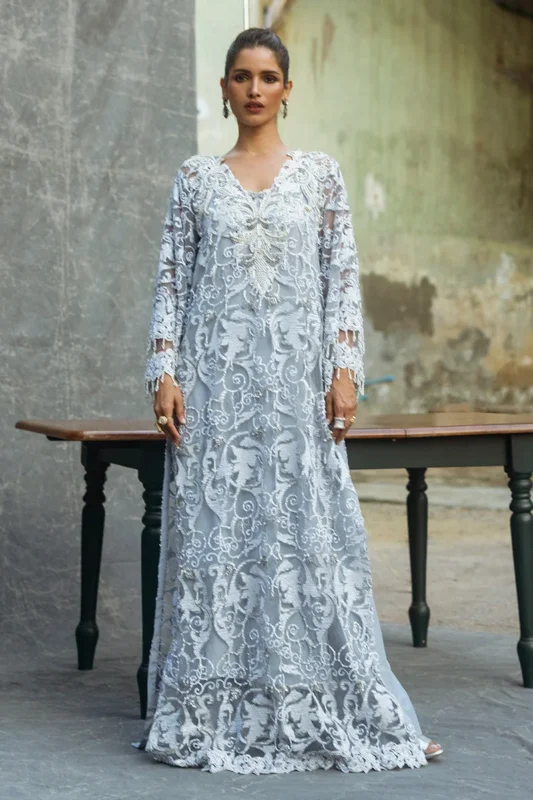Zilverah steel grey embroidered net luxury formal dress buy online Pakistan