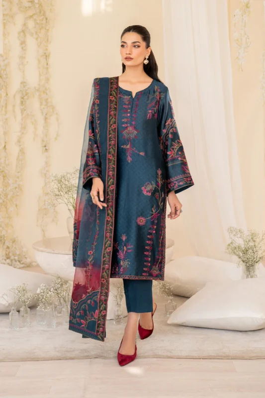 Zilverah Teal Blue Embroidered Jacquard Silk Party Wear 3-Piece Suit Pakistan