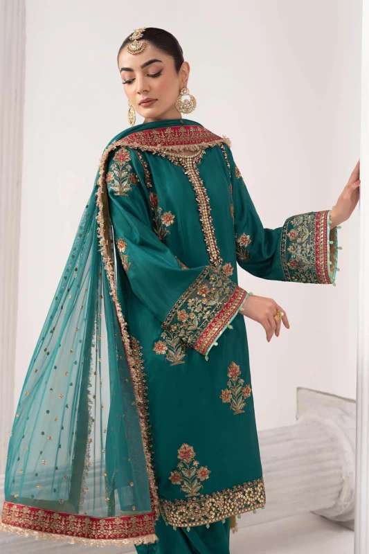 Zilverah Teal Raw Silk 3-Piece Embroidered Formal Wear Suit - Buy Online Pakistan