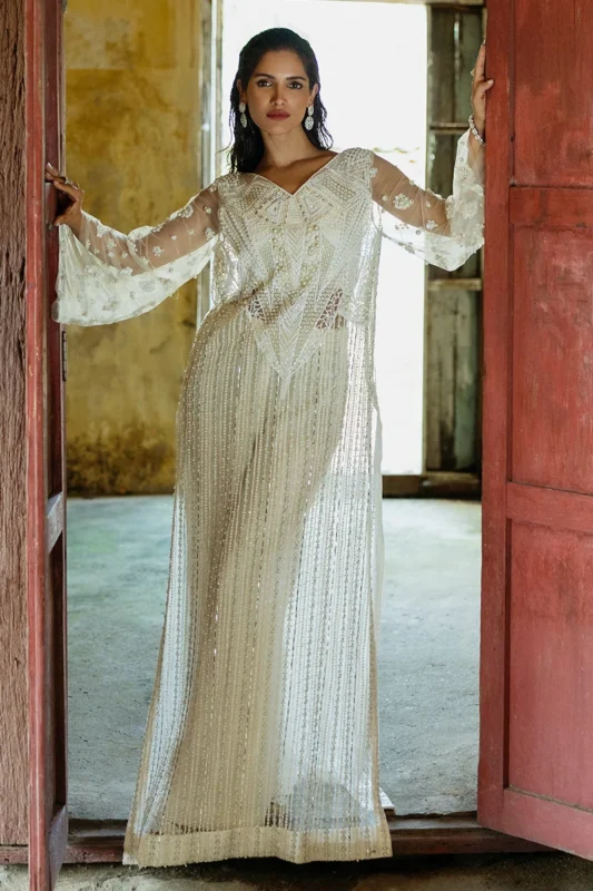 Zilverah white embroidered net formal wear 3-piece dress Pakistan