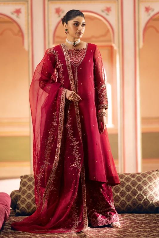 Zilverah wine red organza party wear frock with adda work and sequins – buy online Pakistan